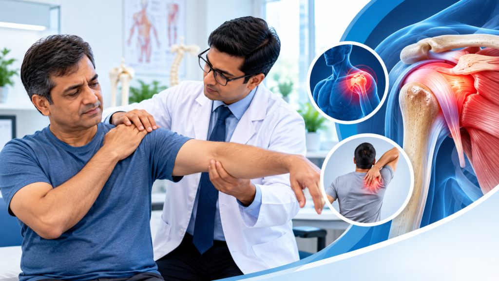 Orthopaedic doctor examining a patient with frozen shoulder and limited arm movement
