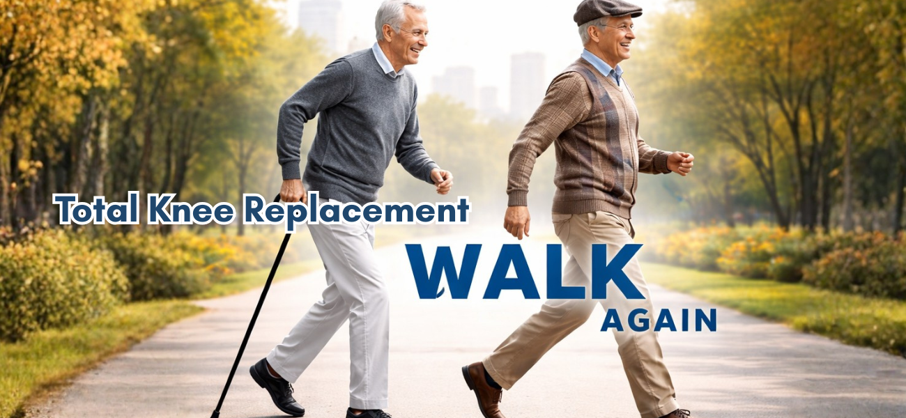 Senior couple walking pain free after knee replacement surgery in South Delhi