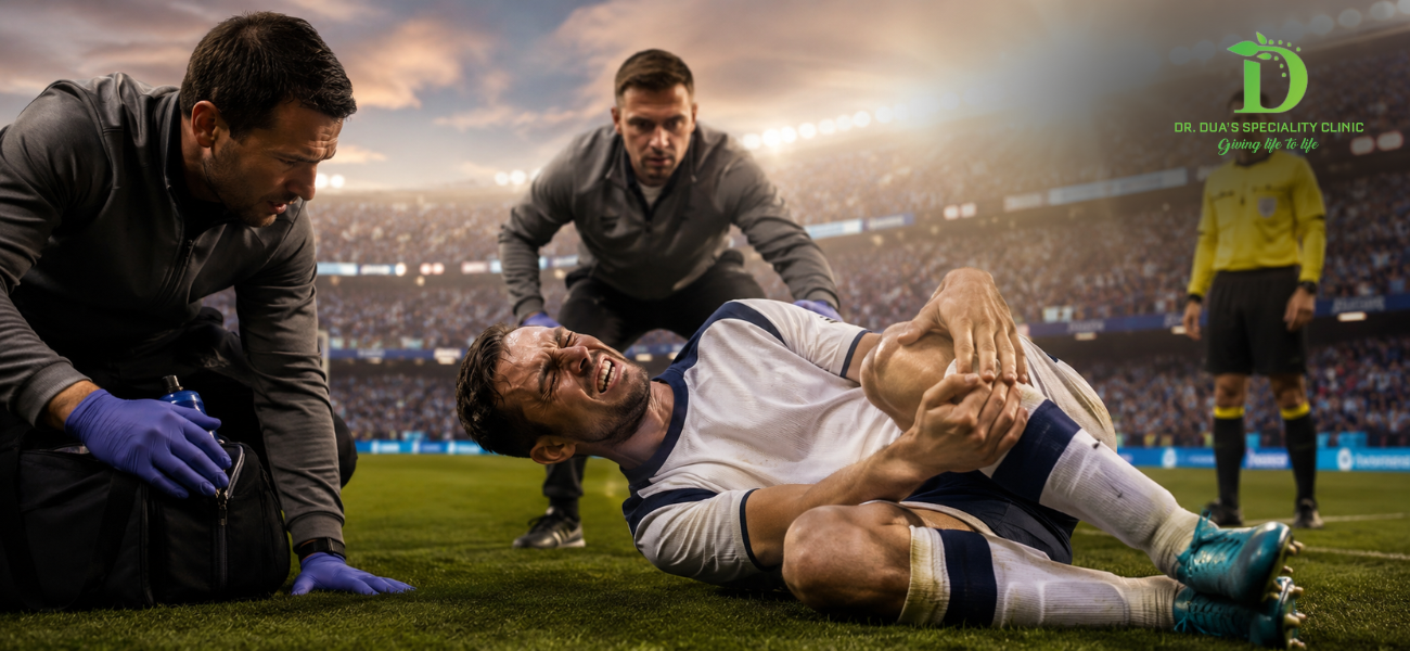 Football player with knee injury on pitch during FIFA World Cup 2026